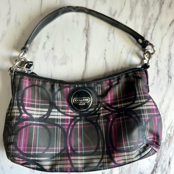 Coach Poppy Purple Tartan Small Shoulder Purse. - Picture 2 of 7